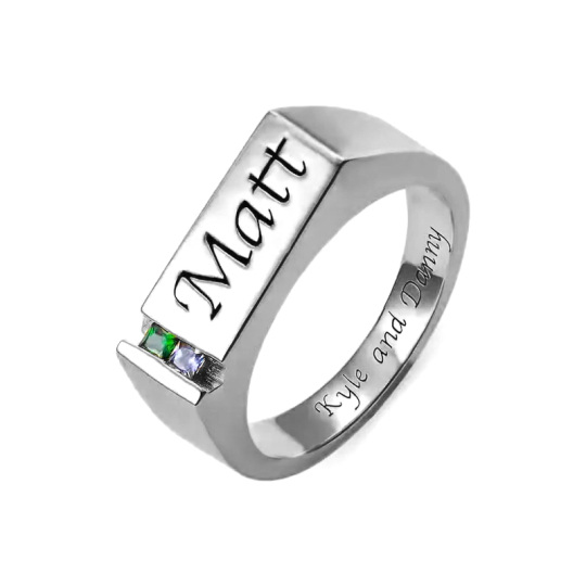 10K White Gold Cubic Zirconia Personalized Birthstone & Personalized Engraving Ring for Men