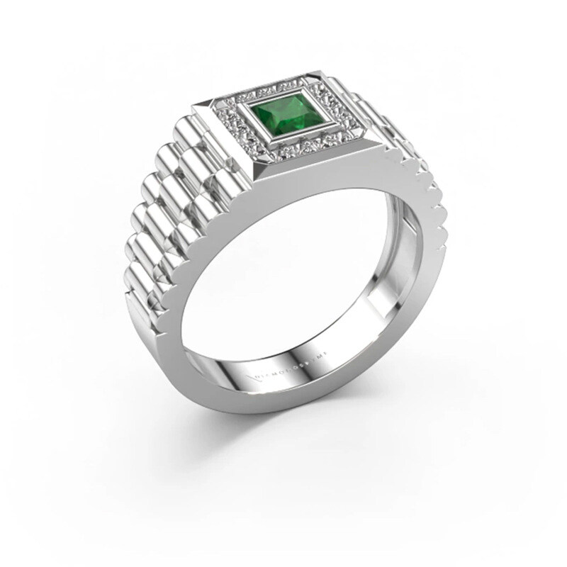 18K White Gold Princess Cut Emerald & 0.2 CT.T.W. Diamond Wedding Band for Men-1