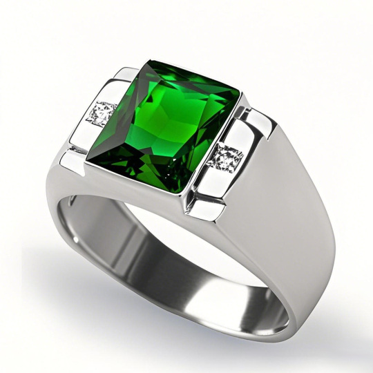 10K White Gold Princess Cut Emerald & 2 Diamond Accents Three-Stone Band Gifts for Him Men’s Fine Jewelry