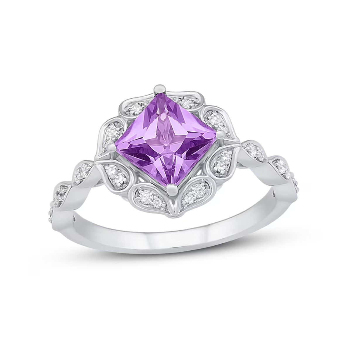 Anillo de compromiso personalizado con flores de corte princesa en platino y piedras preciosas-1