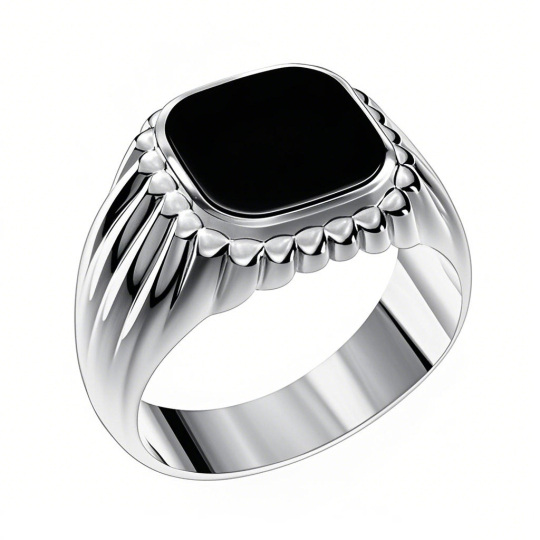 10K White Gold Princess Cut Shaped Black Agate Personalized Engraving & Square Ring for Men