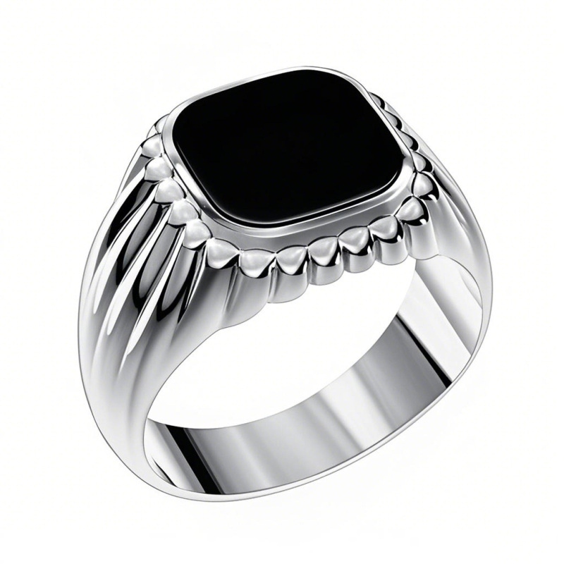 Anillo cuadrado de oro blanco de 10 quilates con ágata negra talla princesa y grabado personalizado para hombre-4