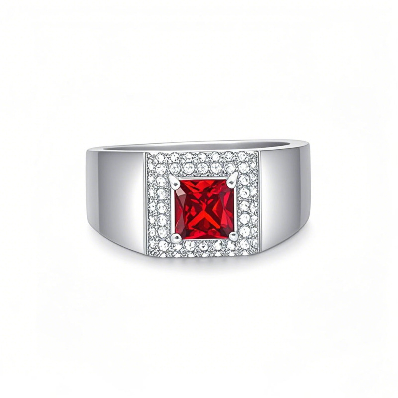 10K White Gold Princess Personalized Birthstone Ring For Men-1