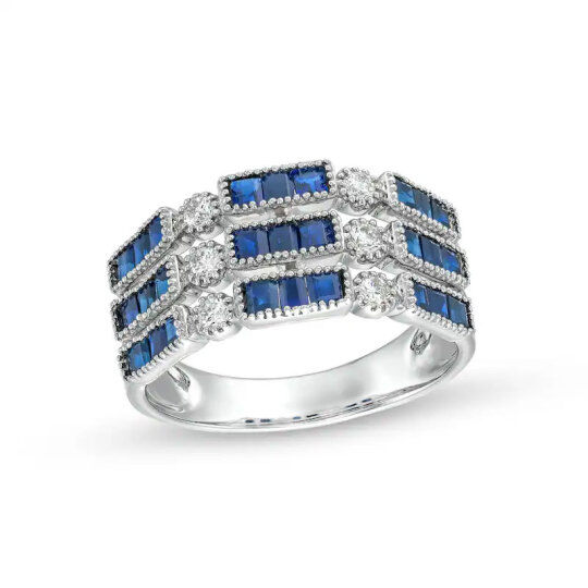 Platinum Round & Baguette Diamond & Sapphire Stackable Band I Color I1 Clarity