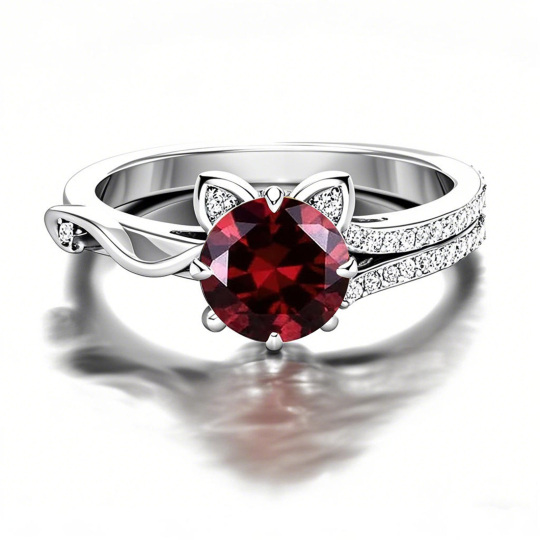 10K White Gold Round Cut Cat Ring Gemstone Rings