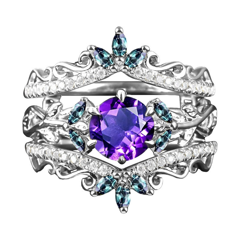 Conjunto de alianças personalizadas de ouro branco 10K com corte redondo e folhas vintage para casamento e aniversário de casamento-2