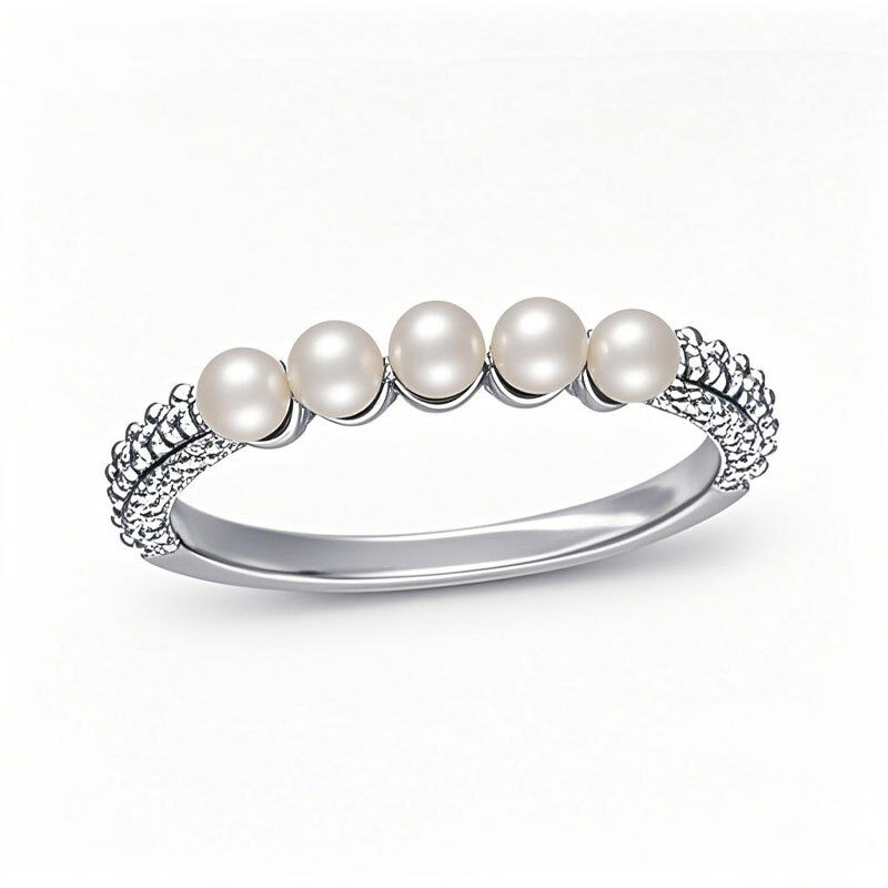 10K White Gold Round Cut Diamond & Pearl Custom Stackable Ring I Color I1 Clarity 3EX-17