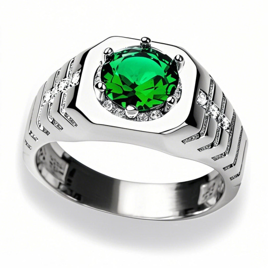 Platinum Round Cut Emerald & 6 Diamond Accents Wedding Band for Men