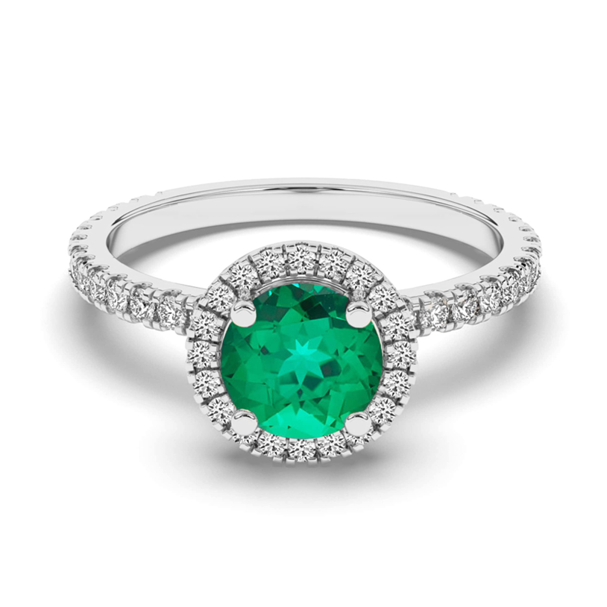Platinum Round Cut Emerald & Diamond Halo Engagement Ring-1