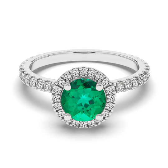 Platinum Round Cut Emerald & Diamond Halo Engagement Ring