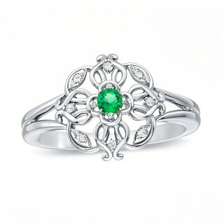 10K White Gold Round Cut Emerald & Marquise Cut Diamond Accent Filigree Clover Split Shank Engagement Band-12