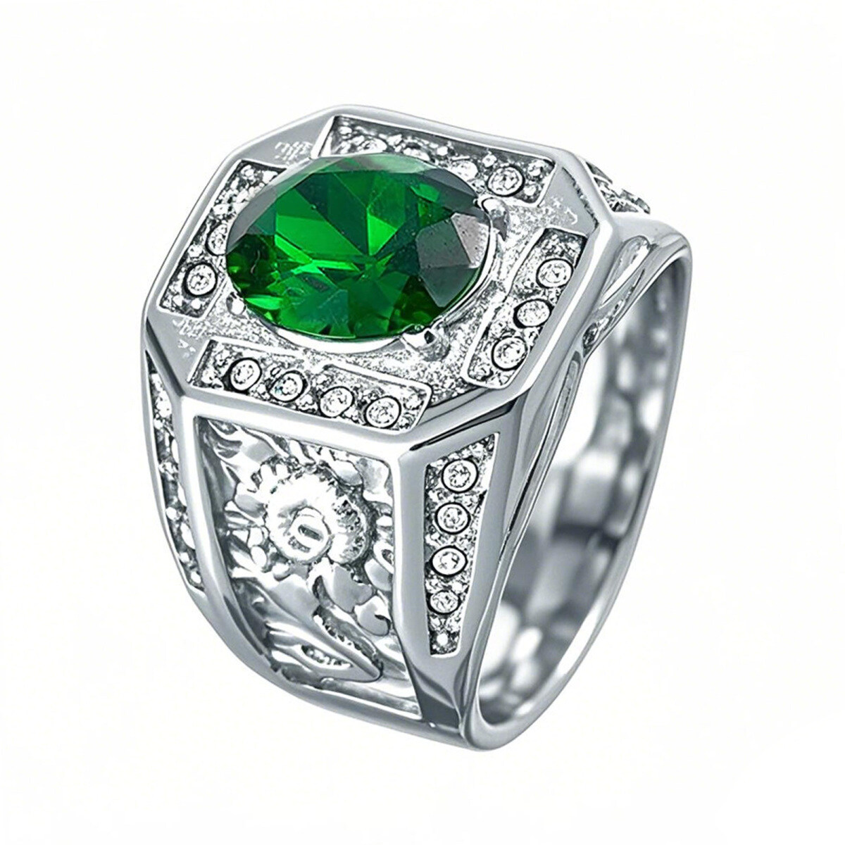 14K White Gold Round Cut Emerald & Natrual Diamond Dragon Signet Wedding Band Best Gift for Husband/Father/His-1