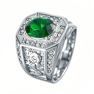 10K White Gold Round Cut Emerald & Natrual Diamond Dragon Signet Wedding Band Best Gift for Husband/Father/His-7