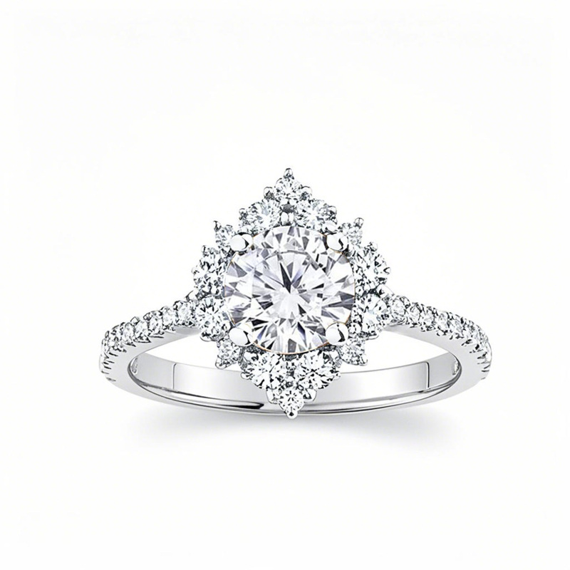 Anel de Noivado em Ouro Branco 10K com Moissanita de Corte Redondo e Halo-1