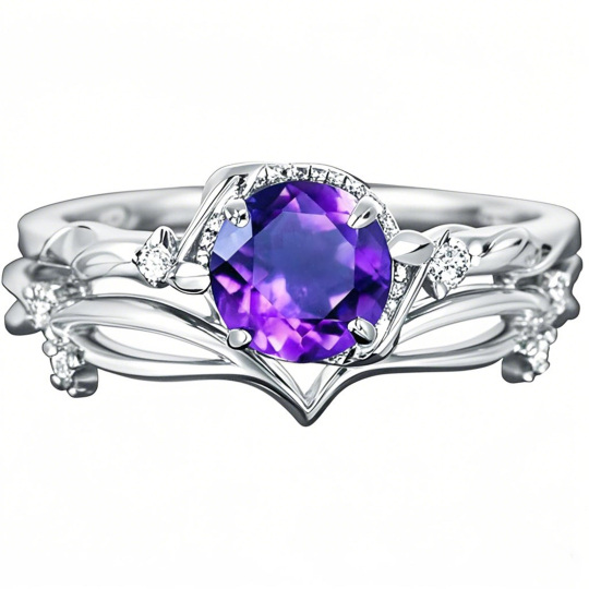 Platinum Round Cut Ivy Gemstone Engagement Ring Vintage Wedding Bridal Anniversary Proposal Ring Set