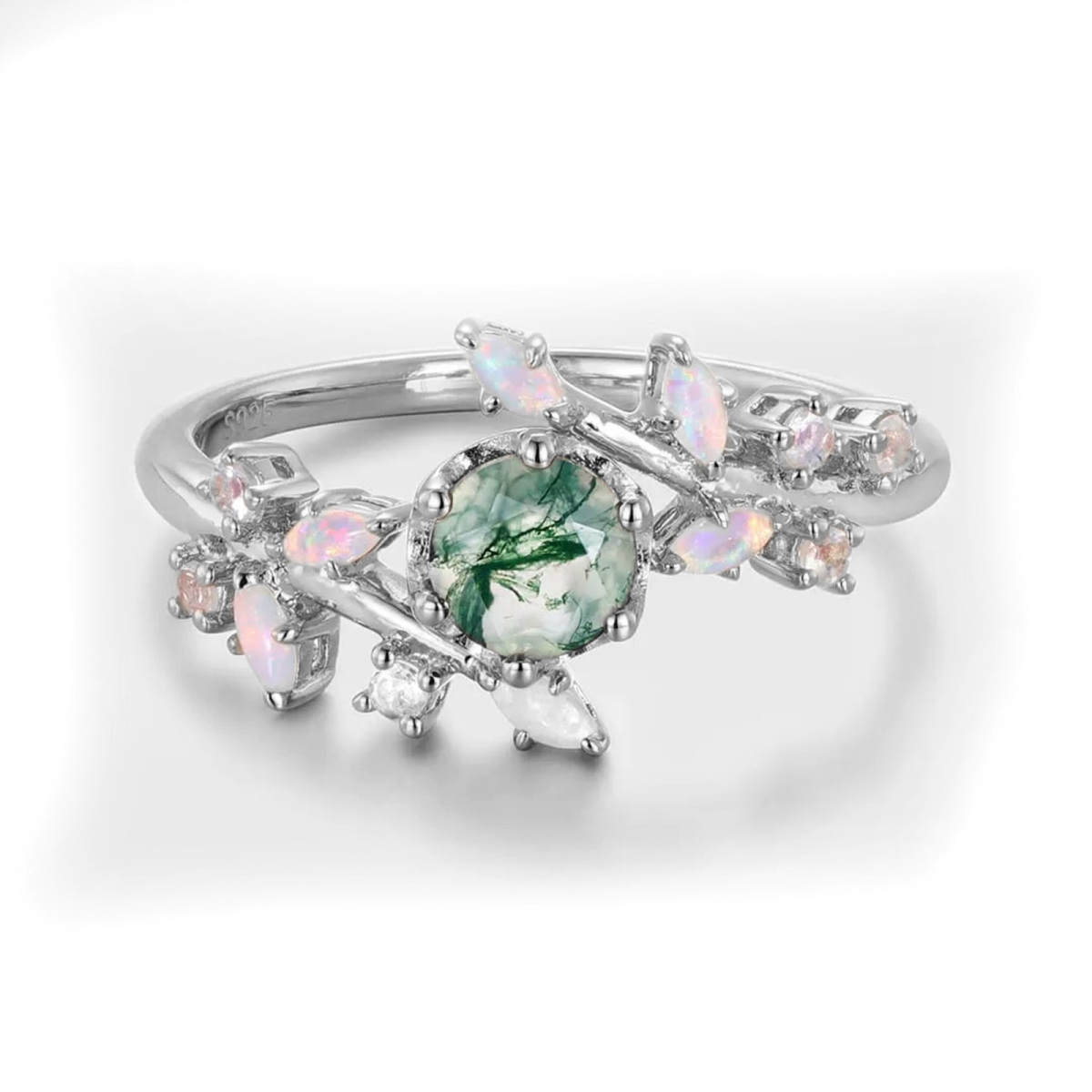 Anillo de compromiso de oro blanco de 14 quilates con ágata musgosa y hojas de corte redondo-1
