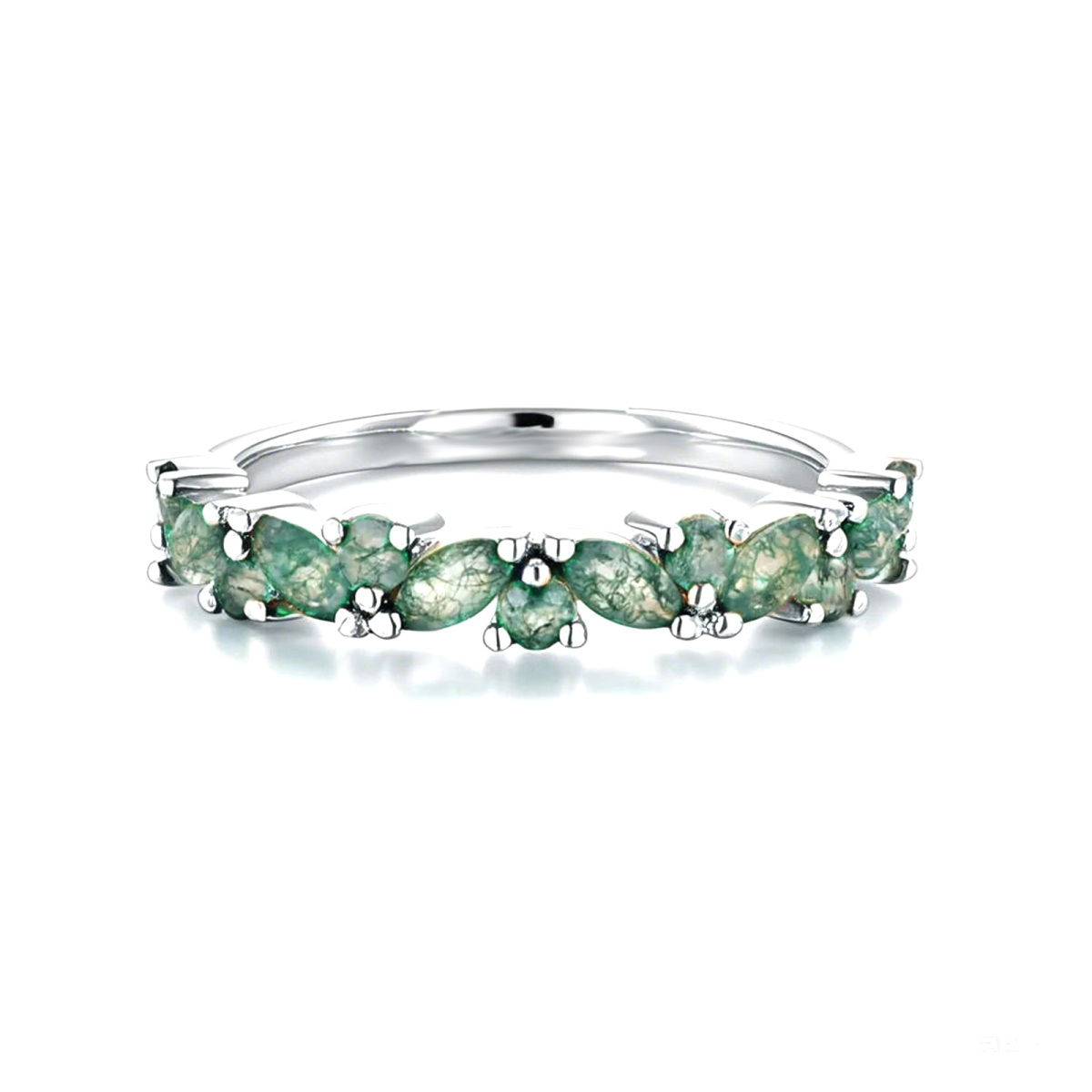 Anillo de bodas de platino con ágata musgosa de talla marquesa redonda-1