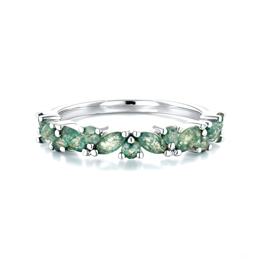 Platinum Round Cut & Marquise Cut Moss Agate Wedding Ring