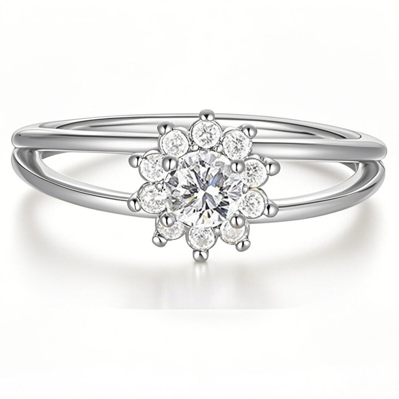 Ring aus 14-karätigem Weißgold mit rundem Moissanit-Schliff und Wildblumenmotiv-1