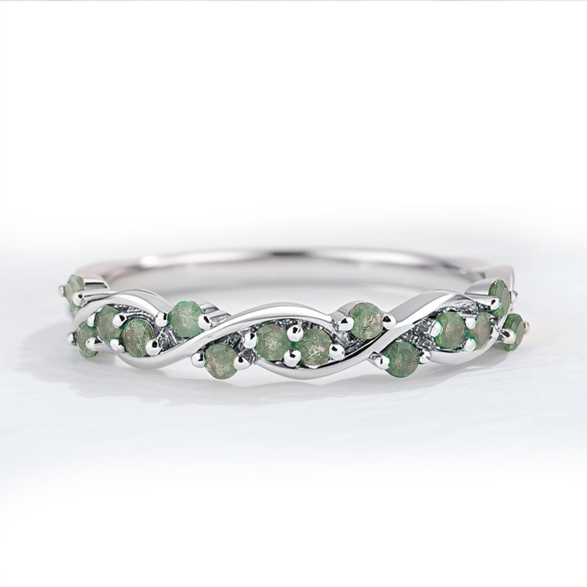 Sterling Silver with White Gold Plated Round Cut Moss Agate Ring-1
