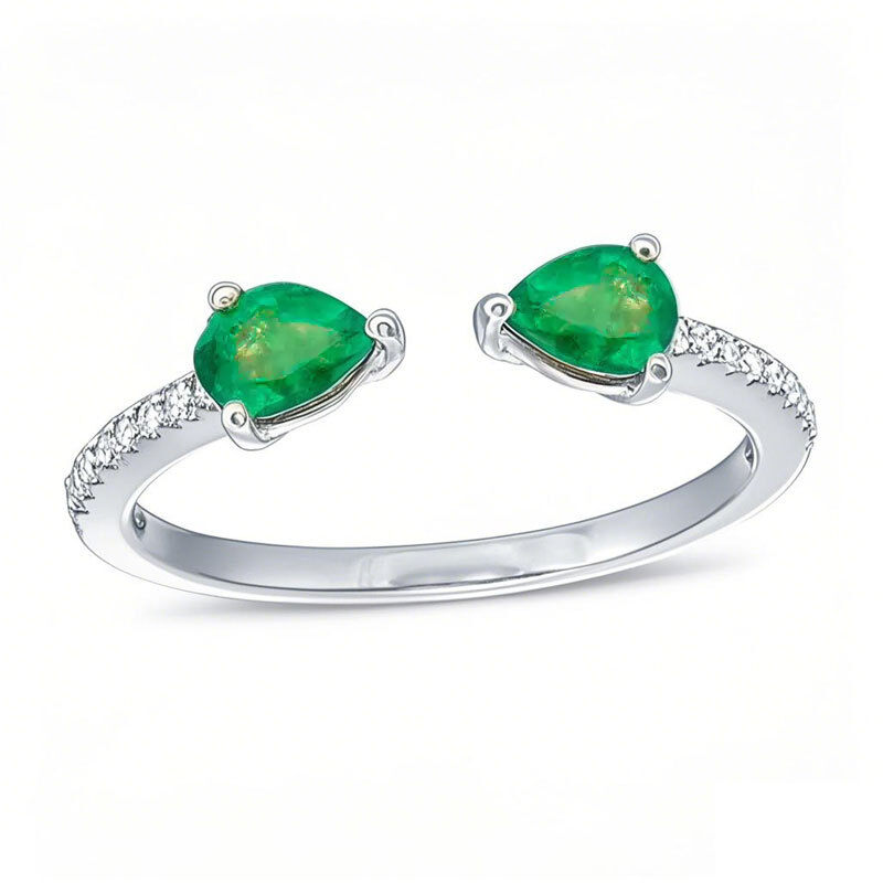 10K Gold Round Cut & Pear Cut Diamond & Emerald Custom Open Ring I Color I2 Clarity 3EX-1