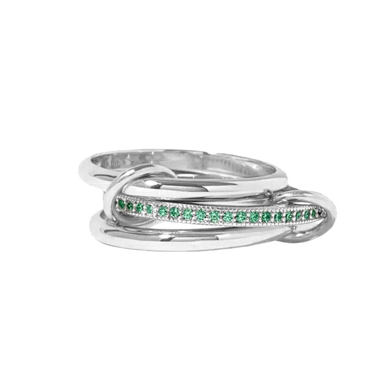 10K White Gold Round Lab Created Emerald Chunky Gold Connector Custom Stackable Ring Set-9