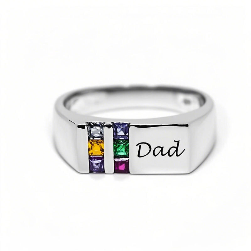 Anel de gravura de pedra de nascimento personalizada com zircônia cúbica quadrada de ouro branco 10K para homens-1