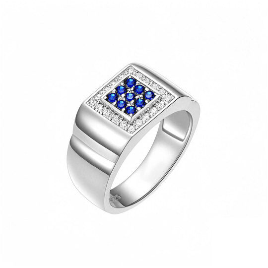 10K White Gold Square Personalized Pave-Set Blue Sapphire Ring For Men Custom Band For Boyfriend