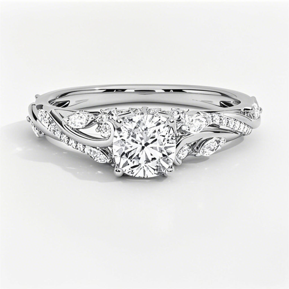 Anillo de compromiso floral de oro blanco de 10 quilates con diamantes de talla cojín de 1 a 3,5 quilates de peso total, creado en laboratorio, con certificación IGI.-1