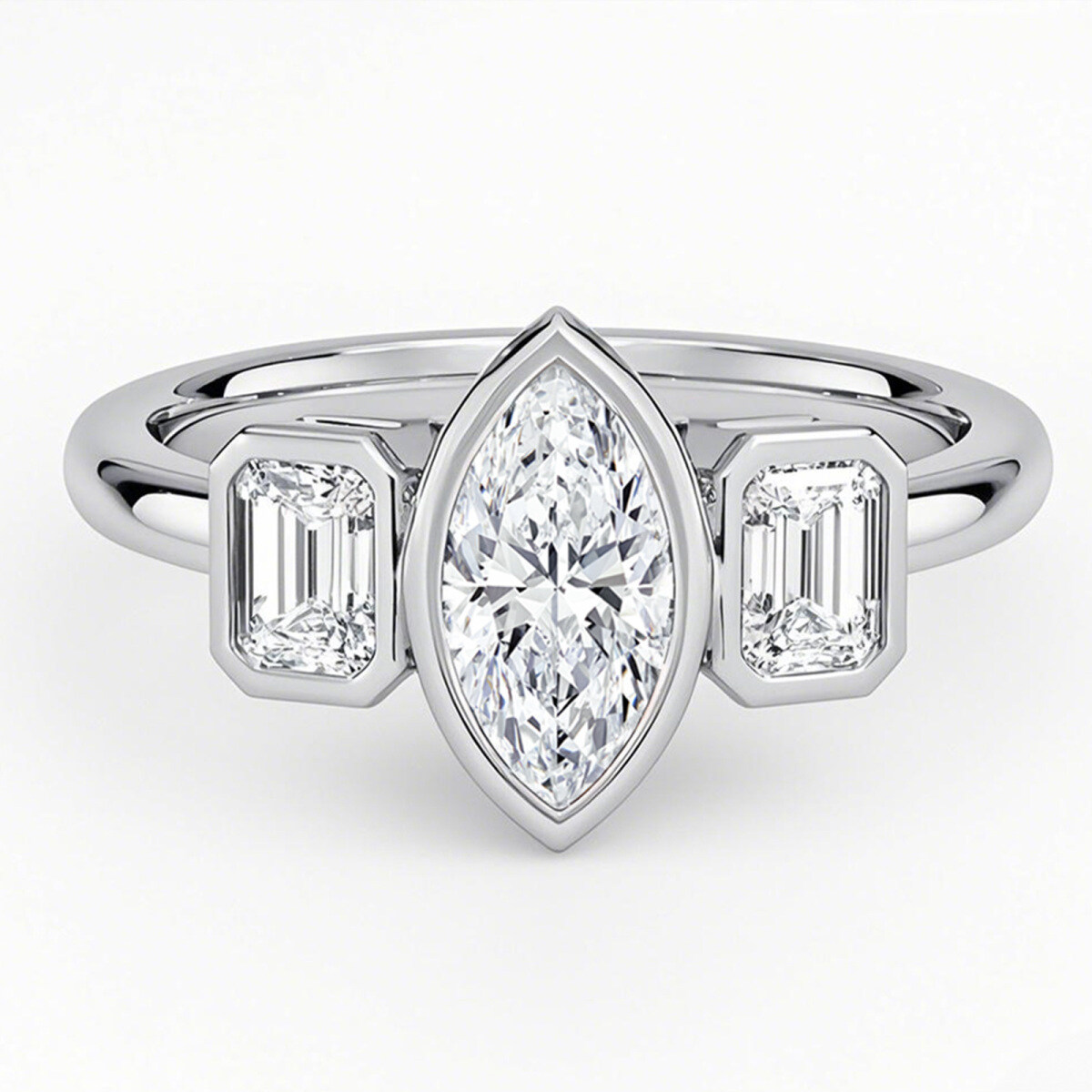 Alliance de fiançailles à trois pierres en platine, taille marquise, de 1 à 3,5 ct, sertie de diamants synthétiques, certifiée IGI-1