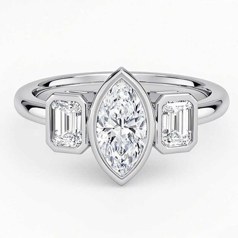 18K White Gold 1 to 3.5 CT.T.W. Marquise Cut Lab Created Diamond Bezel Three Stone Engagement Band IGI Certified-1