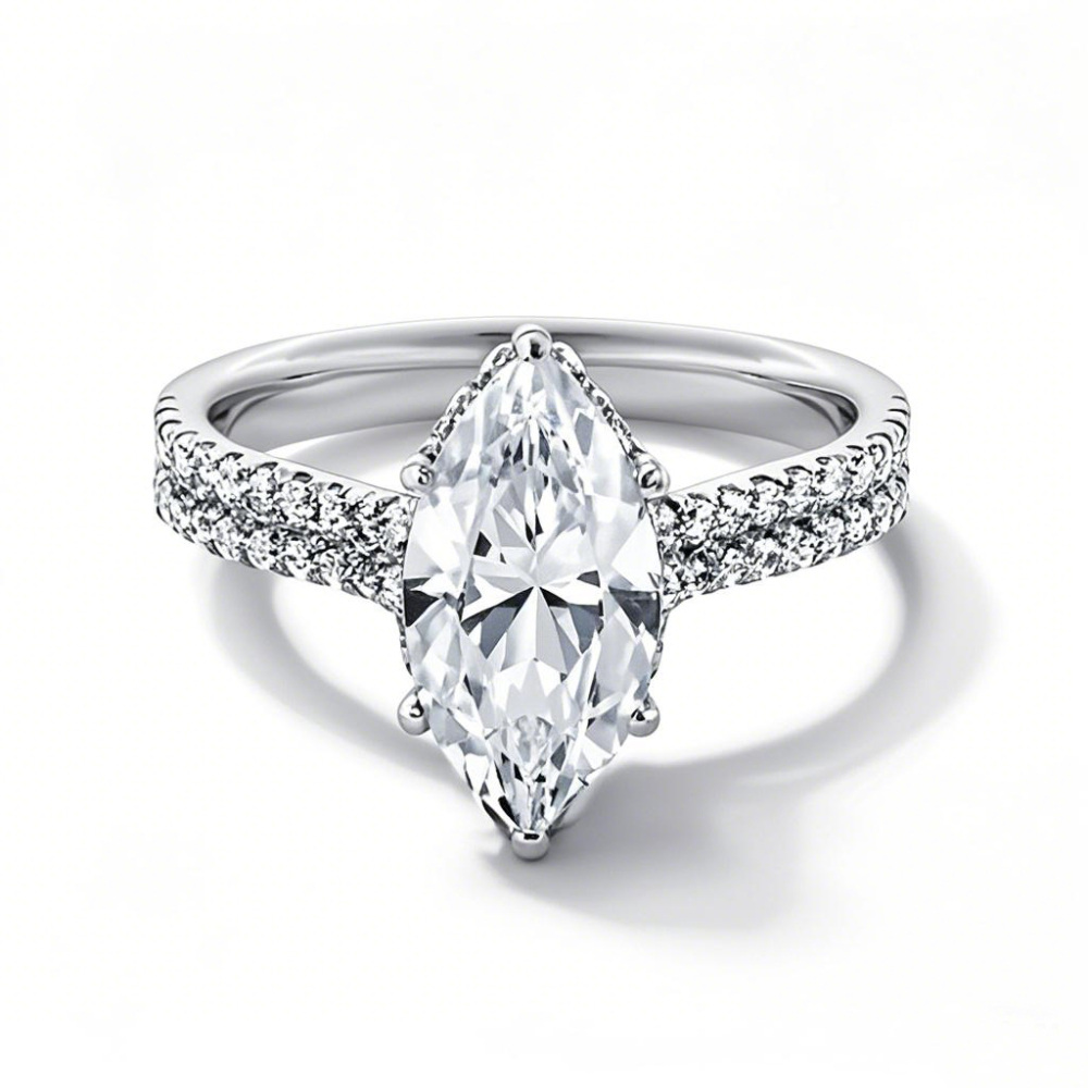 10K White Gold 1 to 3.5 CT.T.W. Marquise Lab Created Diamond Double Row Shank Engagement Band D VVS1-VS1 IGI Certified-1