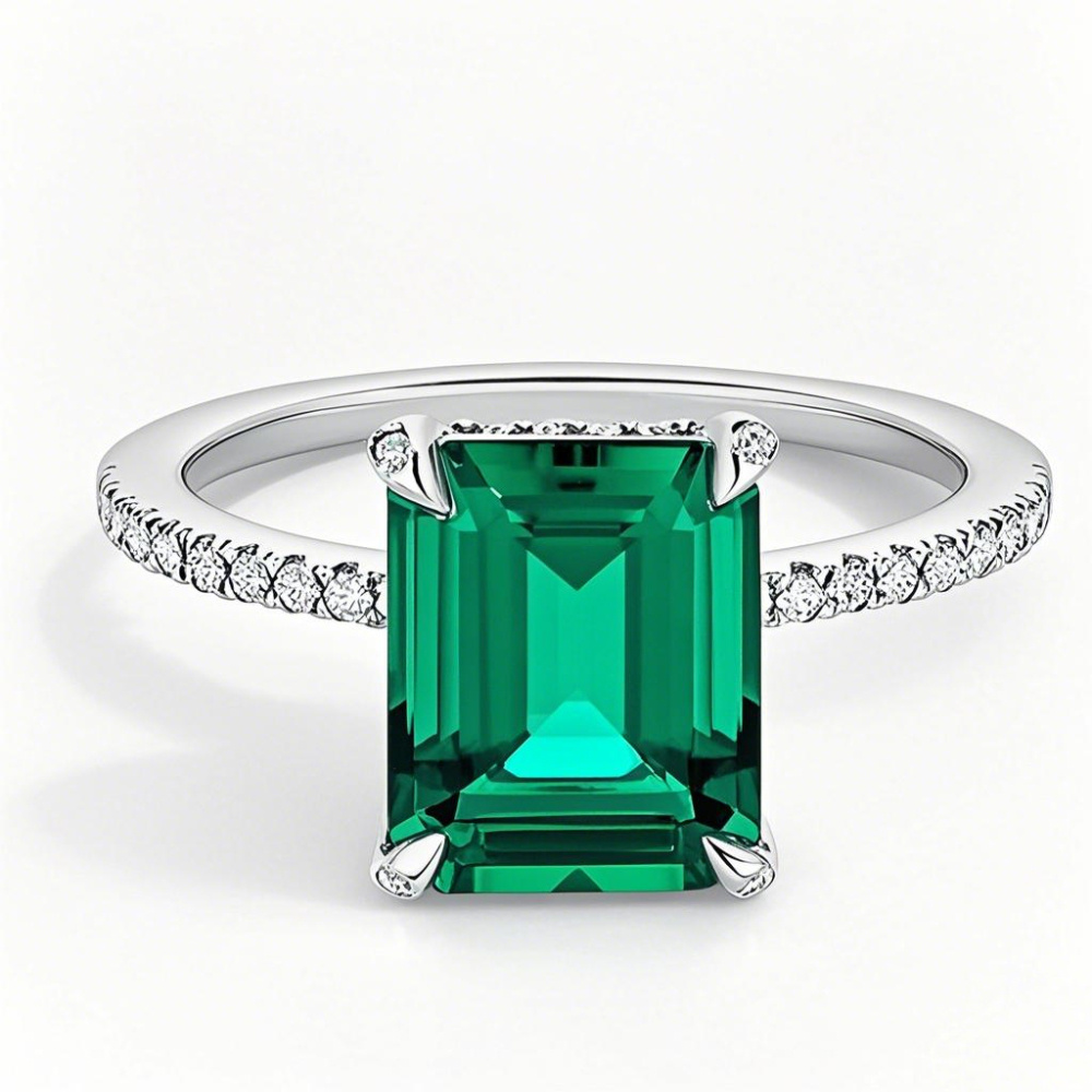 10 Karat Weißgold, 2 bis 7 Karat Smaragd, im Labor hergestellter Diamant, im Labor hergestellter Smaragd-Verlobungsring, Farbe D, Reinheit VVS1-VS1, 3EX-1
