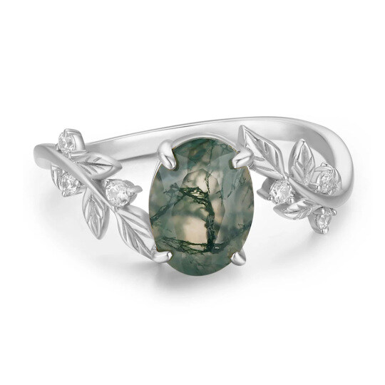 Platinum 1 to 5 CT Oval Cut Moss Agate Between the Leaf Engagement Band