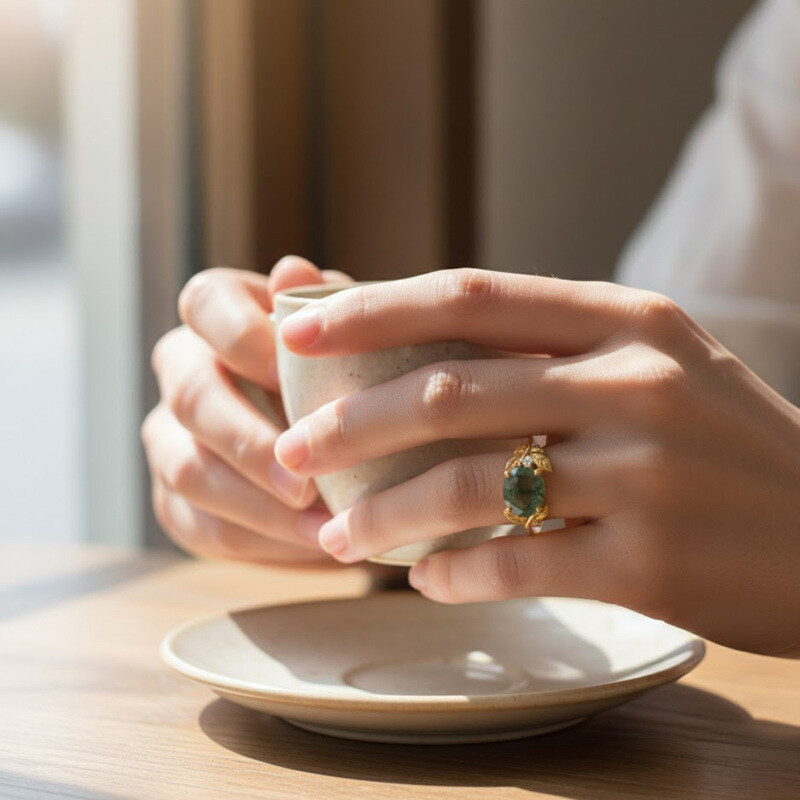10K Gold 1 to 5 CT Oval Cut Moss Agate Between the Leaf Engagement Band-2