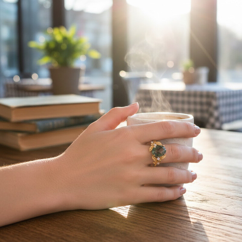 10K Gold 1 to 5 CT Oval Cut Moss Agate Between the Leaf Engagement Band-3