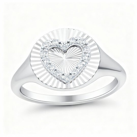 Anel de sinete personalizado em ouro branco de 10 quilates com diamantes de 1/10 ct, lapidação redonda e em forma de coração, cor I, pureza I2, 3EX.