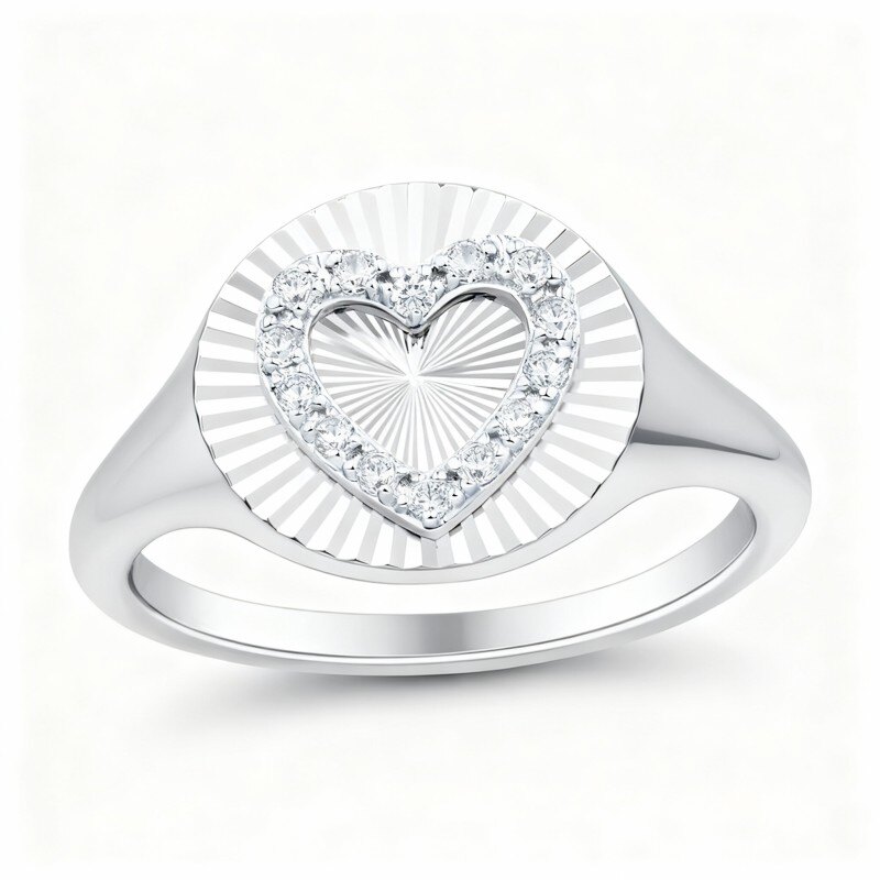 10K Weißgold, individueller Siegelring mit 0,10 Karat Diamanten im Rund- und Herzschliff, Farbe I2, Reinheit 3EX-3