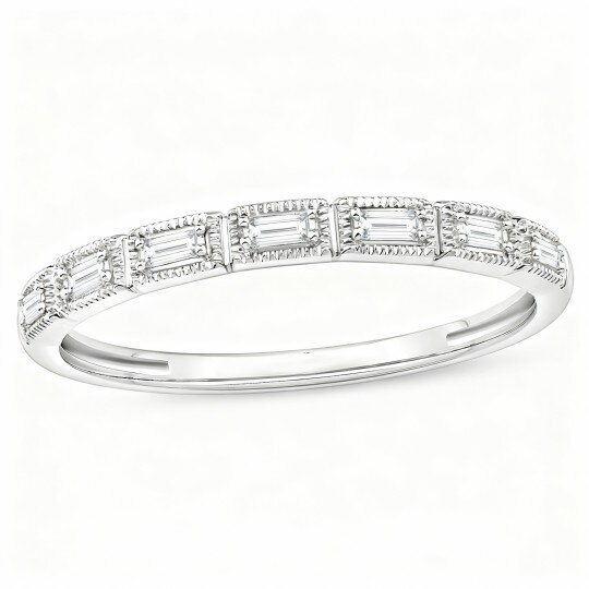 10K White Gold 1/15 CT Baguette Cut Diamond Custom Stackable Ring J Color I3 Clarity 3EX