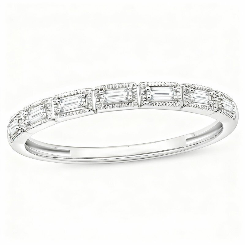 10K White Gold 1/15 CT Baguette Cut Diamond Custom Stackable Ring J Color I3 Clarity 3EX-9