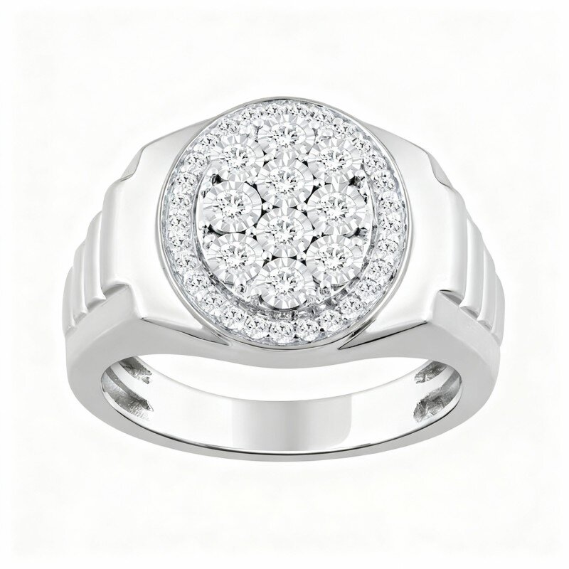 10K White Gold 1/2 CT Round Cut Diamond Custom Signet Ring I Color I2 Clarity 3EX-2
