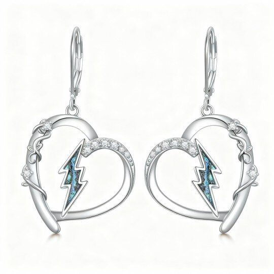 Kolczyki z białego złota 10K z abalonem i cyrkoniami w kształcie serca i błyskawicy