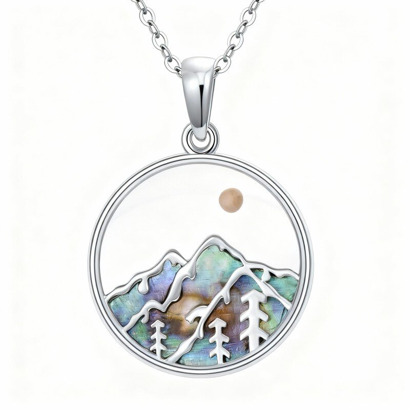 Colar com pendente de concha de abalone em ouro branco de 10 quilates representando montanhas e sol-8