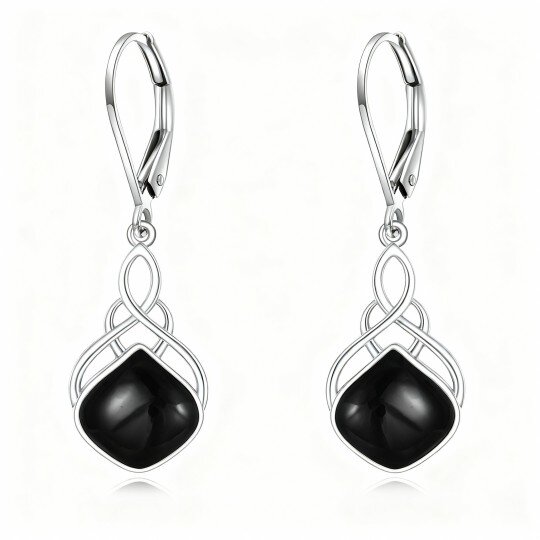 10K White Gold Agate Celtic Knot & Drop Shape Lever-back Earrings
