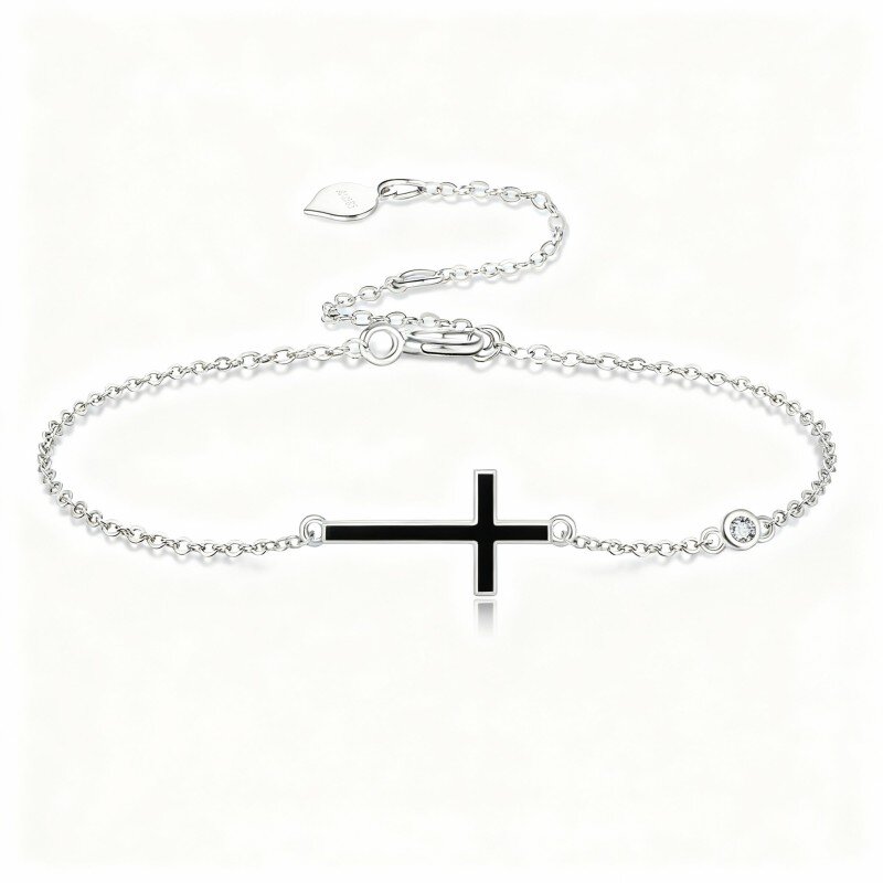 10K White Gold Agate Cross Charm Bracelet-9