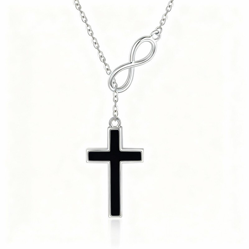 10K White Gold Agate Cross & Infinity Symbol Pendant Necklace-8