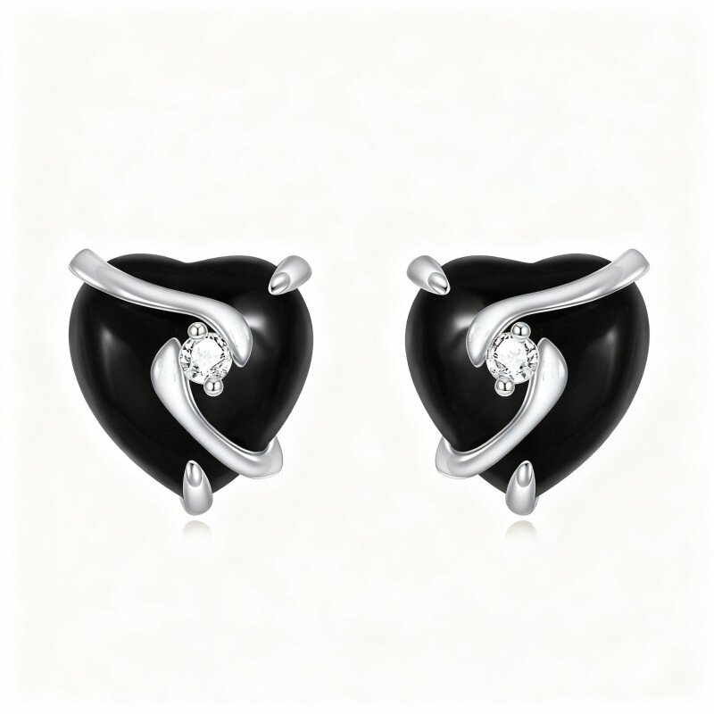 10K White Gold Agate Heart Stud Earrings-4