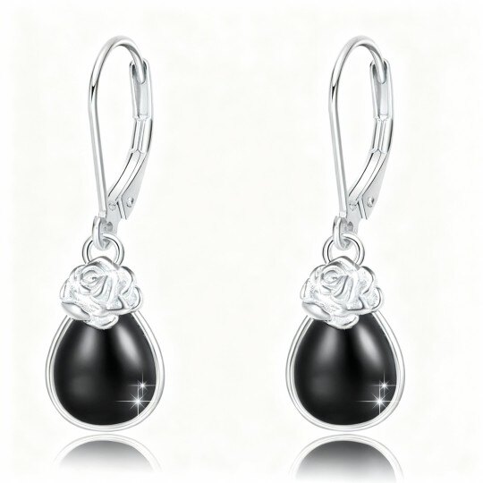 Pendientes de oro blanco de 10 quilates con ágata en forma de rosa y gota, con cierre de palanca.