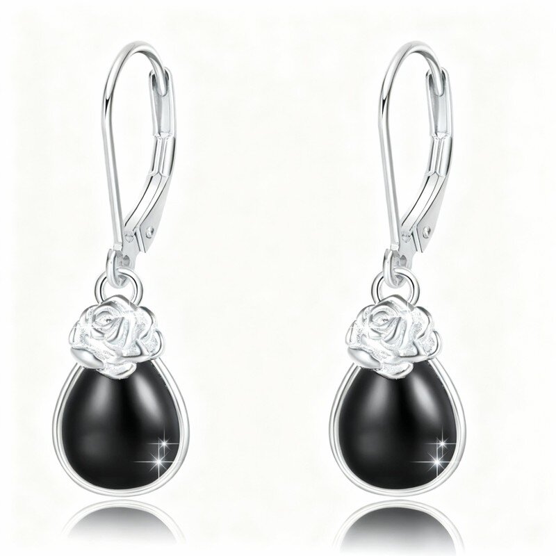 10K White Gold Agate Rose & Drop Shape Lever-back Earrings-16