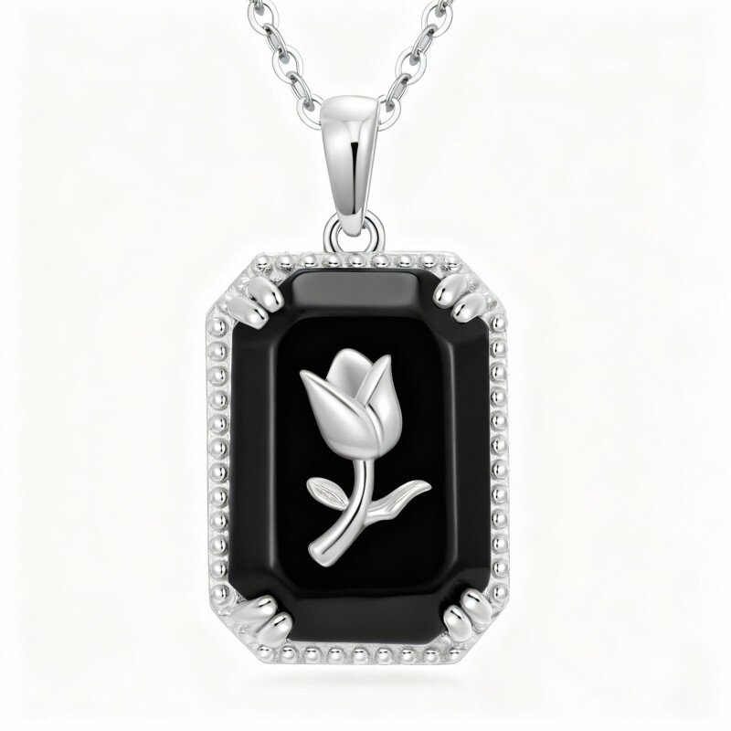 10K White Gold Agate Rose & Square Pendant Necklace-9